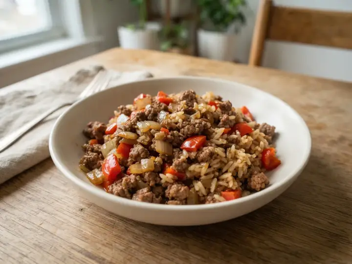 Quick Ground Beef and Pepper Skillet with Rice